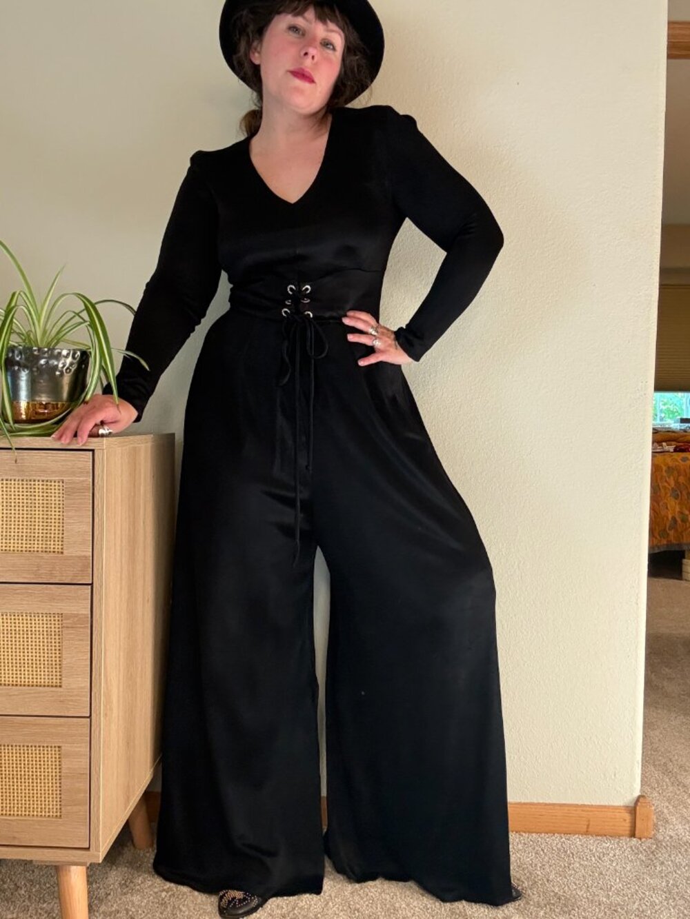 Vintage 70s Montgomery Ward Black Belted Wide Leg Long Sleeve Jumpsuit M/L
